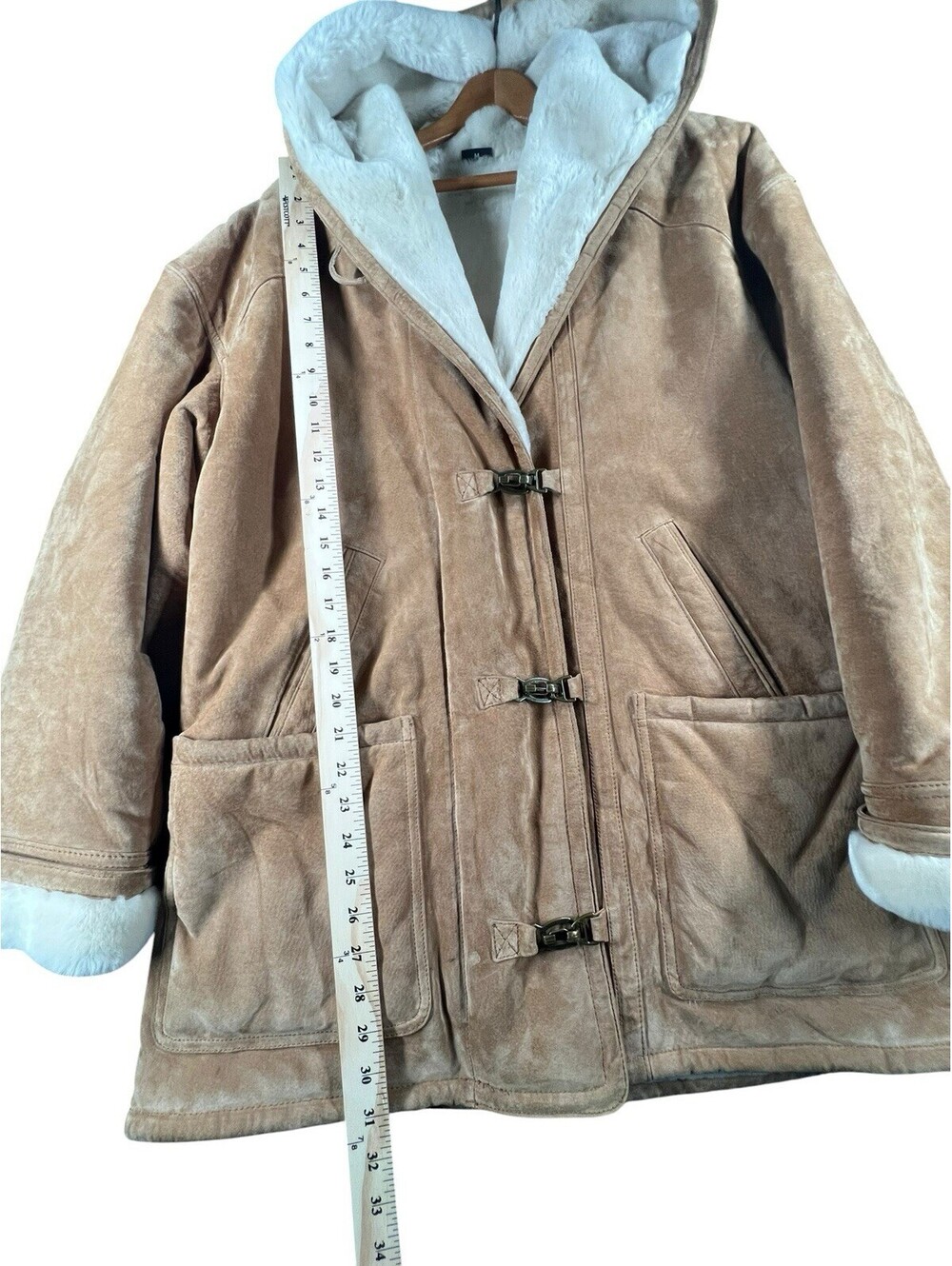 Gallery Genuine Leather Shearling Hooded Toggle Coat Tan Women’s M Quiet Luxury - Picture 5 of 8